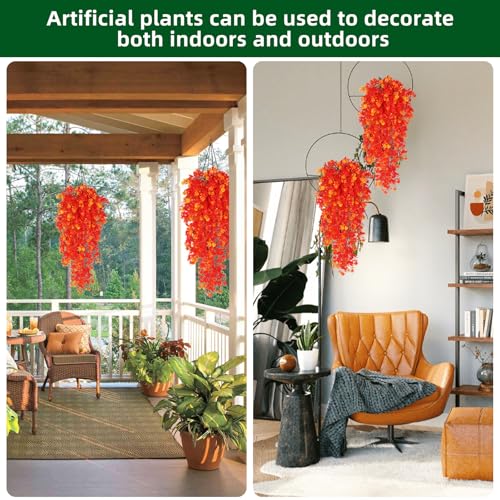 RECUTMS 2Pcs Artificial Fall Hanging Flowers for Outdoors Decoration Fake Fall Flowers Plants Artificial UV Resistant Plastic Greenery Vines Ivy for Outdoor Garden Porch Thanksgiving Decor（Gold） - color: Gold-rose