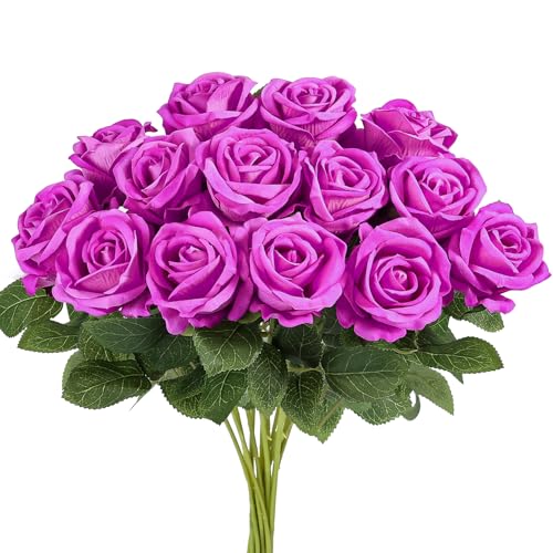 Auihiay 14PCS Magenta Artificial Roses, Realistic Silk Fake Roses Flowers with Long Stem for Valentine's Day Gift, Home Party Table Centerpiece & Wedding Cake Decorations - color: Magenta