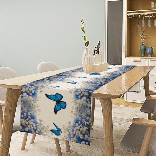 Butterfly Table Runner,Spring Seasonal Garden Theme Blue Flowers Butterflies Table Runner for Home Indoor Outdoor Kitchen Holiday Party Wedding Decor 13x36 Inch - color: Butterfly-2, size: 13x36in