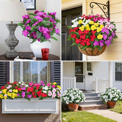 Artificial Flowers for Outdoors Decorations, 6 Bundles Realistic Impatiens Silk Faux Flowers UV Resistant Fake Plants for Outside Pot Patio Garden Porch Planters Window Box Balcony Indoor Home Decor - color: Mix Color
