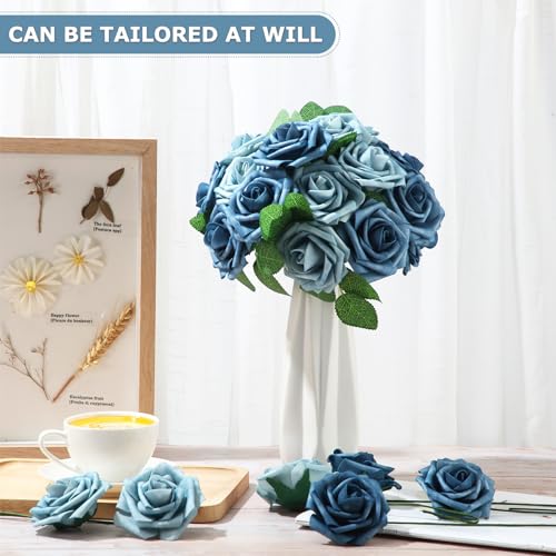 50 Pcs Artificial Foam Rose Flower Faux Bouquet Wedding Fake Rose Gift for Mother's Day Women DIY Bridal Shower Party Table Birthday Home Spring Decor (Blue Two Tone) - color: Blue