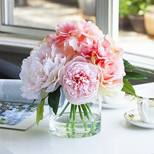 Enova Floral Clear Glass Cylinder Vase 6 x 6 Inches Round Flower Vase, Pillar Candle Hurricane Floating Candle Holder Vase, Small Floral Glass Vase for Decoration Home, Wedding Centerpiece (1 Piece) - size: 6W x 6H