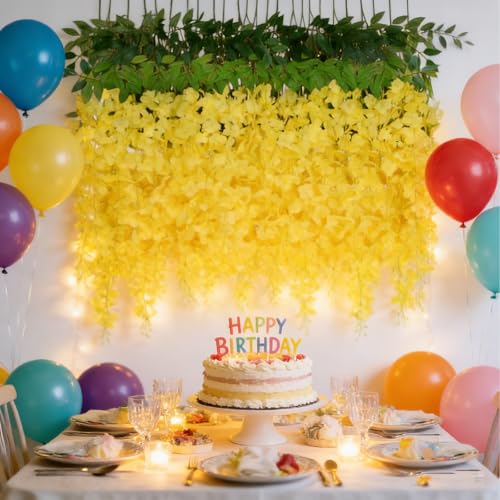 HUAHUA Artificial Wisteria Flowers, White Dense Artificial Fake Wisteria Vine Ratta Hanging Garland Silk Flowers String for Home Party Wedding Decor (24pcs-Yellow) - color: 24pcs-yellow