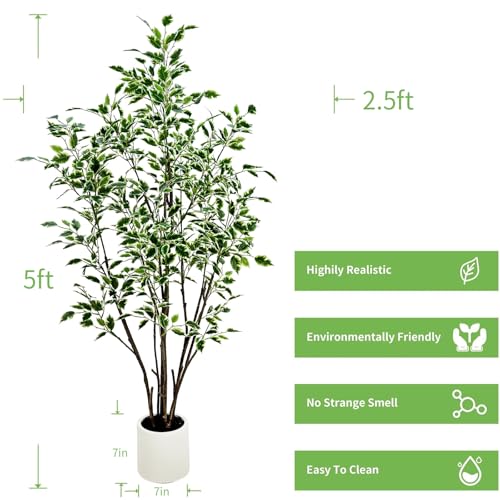 5ft Artificial Ficus Tree with White Plastic Planter | Foliage: Designed with natural green and white variegated leaves for lifelike indoor landscape - color: White, size: 5ft
