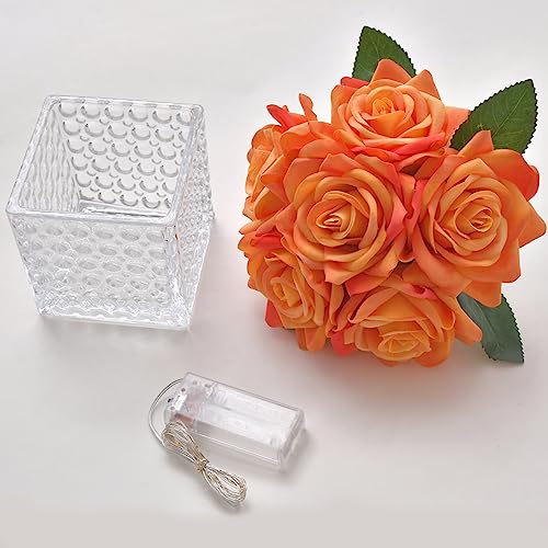 Fule Artificial Silk Rose Flower Centerpiece Arrangement in Glass Vase with LED Light for Home Wedding Decoration (Orange) - color: Z-orange
