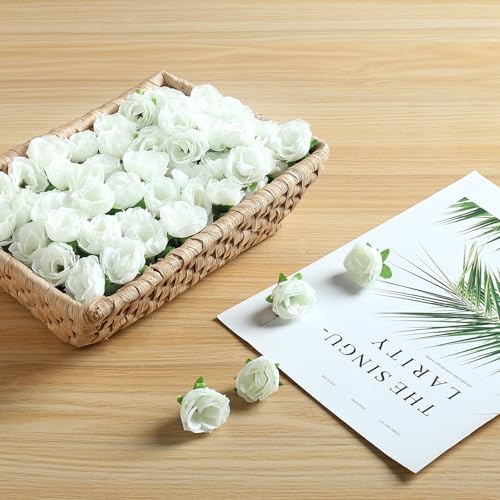 SITUMEIZI 100 Pcs 1.3 inches Mini Rose Head White Artificial Roses Fake Silk Flower Ivory White for Wedding Decor, Graduation Cap, Cake, DIY Flower Wall Mother's Day Home Party Decor - color: Ivory-white