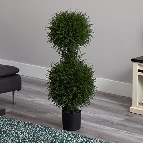 Nearly Natural 40in. Artificial Cedar Double Ball Topiary with Lights - size: 40in.