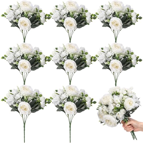 Yunsailing 8 Packs Artificial Peony Flowers Faux Silk Hydrangea Bouquet Vintage Wedding Home Table for Door Decor Reusable Bouquet of Rose Flowers for Wedding Birthday Party (Milky White) - color: White, style: Hydrangea