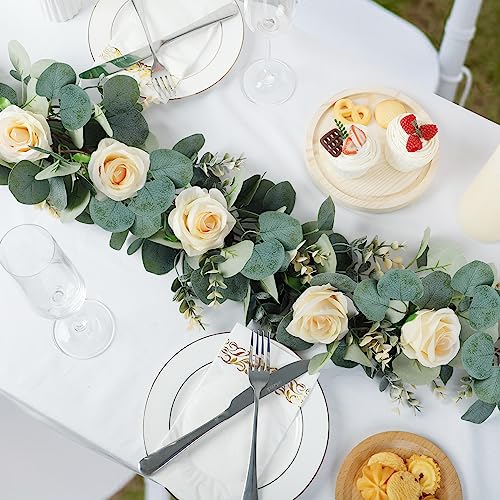 Ouddy Decor Eucalyptus Garland 6.56 Ft Lush Silver Dollar Leaves Boxwood Artificial Faux Greenery Vines for Baby Shower Wedding Party Table Runner Room Home Mantle Decor, Champagne - color: Champagne, size: 1 Pack
