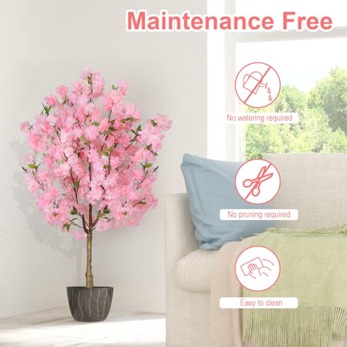 Cherry Blossom Artificial Tree, Fake Tree Faux Silk Plant with Plastic Nursery Pot, Artificial Plants for Home Office Indoor Decor (Pink, 4FT) - size: 4ft