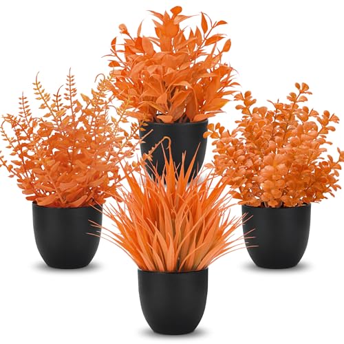 Der Rose Fall Fake Plants 4 Packs Artificial Plants Small Faux Plants Black Bathroom Accessories Fall Decorations for Home Bathroom Home Office Desk Fall Decor Indoor - color: Orange