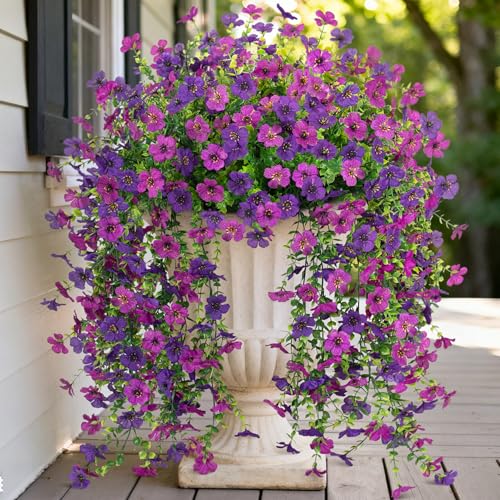 Fake Artificial Hanging Flowers for Outdoors Decoration, 2 PCS Faux UV Resistant Artificial Outdoor Flowers, Fake Plants Look Real Daisy No Fade Spring Decor for Porch Home Patio Balcony and Yard - color: Hanging Flower (Dark Purple Light Purple)
