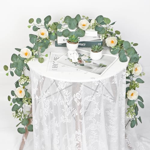 TOCHGREEN 2 Pack 13Ft Artificial Eucalyptus Flower Garland with White Roses, Fake Rose Flower Greenery Garland Floral Vines for Wedding Home Party Table Runner Decor (2PCS, White) - color: White, size: 2PCS