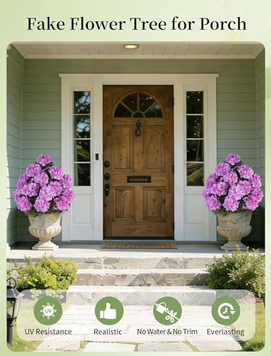 BLOSMON Hydrangea Topiary Trees Artificial - Outdoor 2 Packs 33" Pink Fake Flower Ball Tree for Front Porch Planters Urns Decor - 20 Heads Faux Hydrangea Bush Plants with Spike for Garden Yard Patio - color: Pink