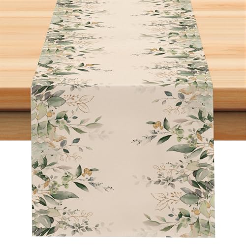 Larponder Summer Eucalyptus Table Runner, 13x108 Inch | Table Decoration for Seasonal Anniversary Holiday Kitchen Dinning Table Home Party Decor - color: Eucalyptus, size: 13" x 108" (Rectangular)