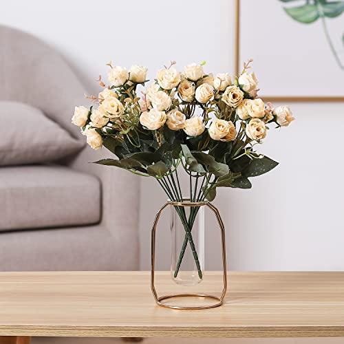 Duovlo 7 Branch 21 Mini Rose Heads Artificial Flowers Bouquet Wedding Home Office Decor,Pack of 2 (2 PCS Champagne) - color: 2 Pcs Champagne