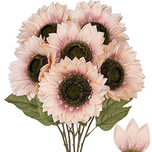 Hollyone Large Silk Pink Sunflowers Artificial Flowers 26" Long Stem Artificial Sunflower 6 Pcs Tall Fake Sun Flowers Vintage Faux Sunflowers Bulk with Stem for Home Wedding Birthday Party Decor - color: Rust Pink