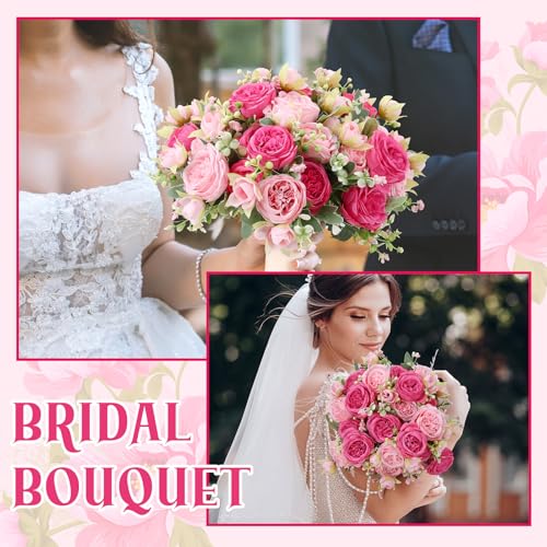 8 Pack Pink, Hot Pink Peonies Artificial Flowers, Fake Silk Hydrangea Bouquet for Bridal Wedding Home Table Decor Reusable Dining Opening Ceremony Birthday Arrangement Faux Floral - color: Pink,hot Pink