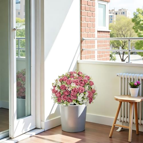 24" Artificial Potted Flowers for Outdoors Set of 2 - UV Resistant Faux Red Silk Peonies with Eucalyptus Plants in Cement Pots for Outside Front Porch Home Indoor Decor - color: Rose Red, size: 24" Classic Peony