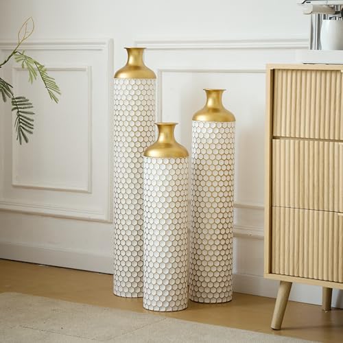 Floor Vases, Tall Home Decor Metal Vase Set of 3 Large Glazed Decorative Vases for Wedding Decor, Elegant Modern Flower Holder for Living Room, Entryway, Hallway - color: Leaf Scatter White Gold