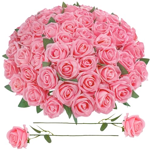 90 Pcs Pink Velvet Rose Artificial Flowers with Long Stems, Fake Silk Roses Real Touch Fake Roses Florals for Birthday Wedding Bouquet Party Arrangement Decorations - color: Pink