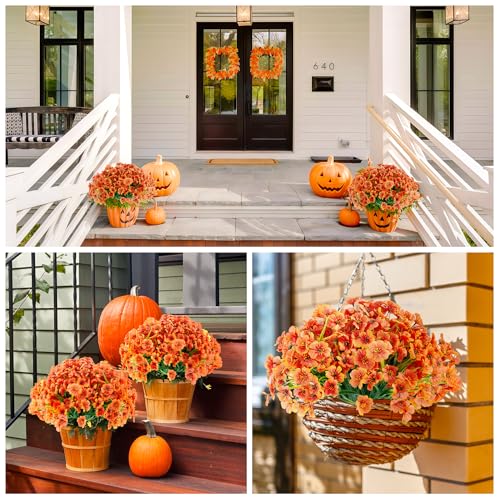 16 Bundles Artificial Mums Flowers for Outdorors, UV Protected No Fade Fall Flower for Porch Display Patio Garden Decor Autumn Thankgiving Halloween Decorations (Orange) - color: C - Orange
