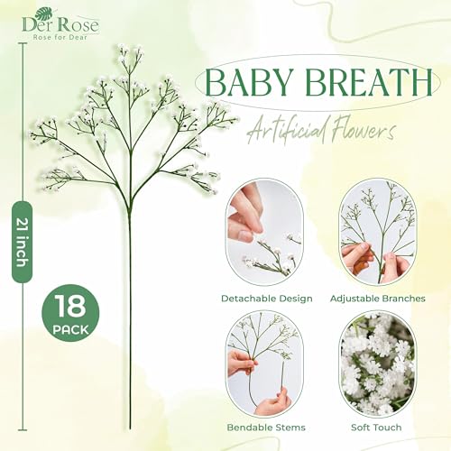 Der Rose 18Pcs Babys Breath Artificial Flowers Faux Gypsophila Stems, Real Touch Silk Fake White Babys Breath Flowers Artificial Bulk for DIY Wedding Table Centerpieces Home Party Decorations
