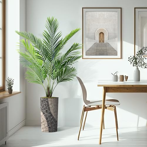 Artificial Tree in Geometric Pattern Planter, Fake Areca Tropical Palm Silk Tree for Indoor and Outdoor Home Decoration - 66" Overall Tall (Plant Pot Plus Tree) - style: Areca Palm Tree