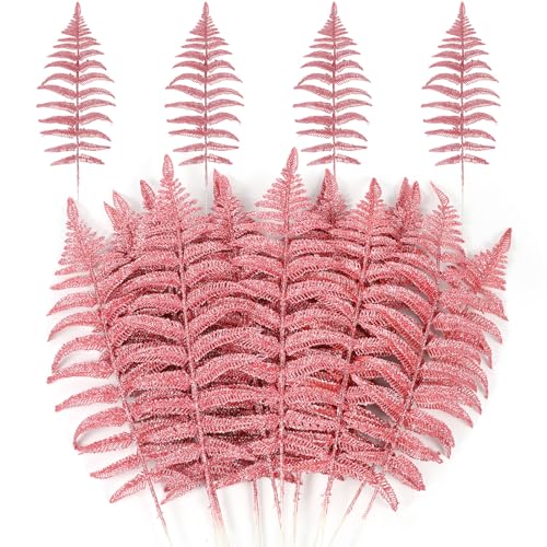 MWOOT 16 PCS Christmas Artificial Fern Bush Leaf, Pink Glitter Faux Plants Leaves for Centerpieces, Fake Christmas Tree Picks for DIY Garland Wreath Wedding Bouquet Table Home Garden Décor