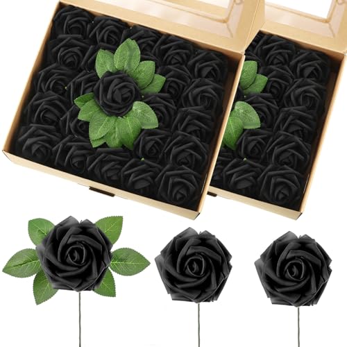 50 Pcs Artificial Foam Rose Flower Faux Bouquet Wedding Fake Rose Gift for Mother's Day Women DIY Bridal Shower Party Table Birthday Home Spring Decor (Black) - color: Black
