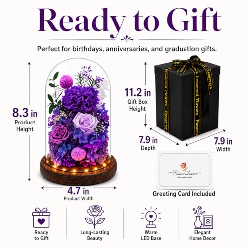 Preserved Flowers in Glass, Preserved Rose with 1 Royal Purple Carnation & 2 Roses, Eternal Flower Gift for Grandma Wife, Forever Flowers for Anniversary Birthday Lasts 3-5 Years - color: Purple