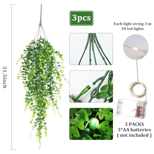 RECUTMS Hanging Plants Outdoor UV Resistant Faux Hanging Plants Indoor Artificial Decor Outdoor Artificial Hanging Plants for Wall House Room Patio Indoor Outside Home Shelf Office Decor in 3 Pcs - color: Green, size: Hanging Plants With Lights