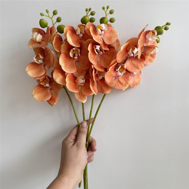 4-Pcs Artificial Flowers Real Touch Latex Phalaenopsis 17.7inch Artificial Orchid Stem Bouquets for Wedding Party Home Garden Decor,Orange - color: Orange