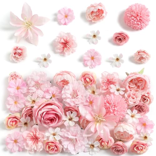 rongflower Fake Flower Heads for Crafts - Pink Silk Artificial Roses, Peonies, Daisies & Mini Floral Heads Bulk (48-Pack) for Wedding Decor, Graduation Cap, Cake Topper, Baby Shower, Home Decoration - color: Light Pink