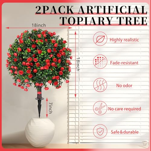 Artificial Boxwood Topiary Ball Trees with Red Rose, 2 Set of 16'' UV Resistant Fake Evergreen Shrubs Bushes Plants with Ground Spike Fake Plants for Outdoor Indoor Front Porch Garden - color: Red Rose