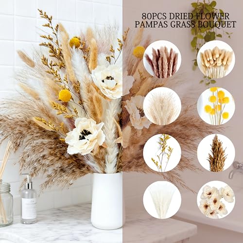Boho Pampas Grass for Vase Filler Fluffy Natural Dried Flowers Arrangements with Bunny Tails Reeds Gold Billy Balls Artificial Peony for Home Table Farmhouse Rustic Western Wedding Decor