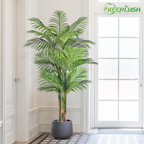 6ft Tall Triple Golden Cane Palm Artificial Tree Large Tropical Palm Tree UV Resistant Fake Plant in Pot for Indoor Outdoor Big House Living Room Outside Patio Office Home Decor 1Pack - size: 6ft