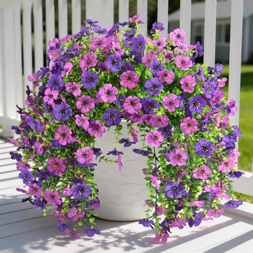 Artificial Fake Flowers Plants for Outdoor Spring Summer Decoration, 2 PCS Faux Silk Daisy Flowers No Fade UV Resistant Realistic for Outside Home Planter Porch Patio Balcony Yard Decor (Purple) - color: Double Purple