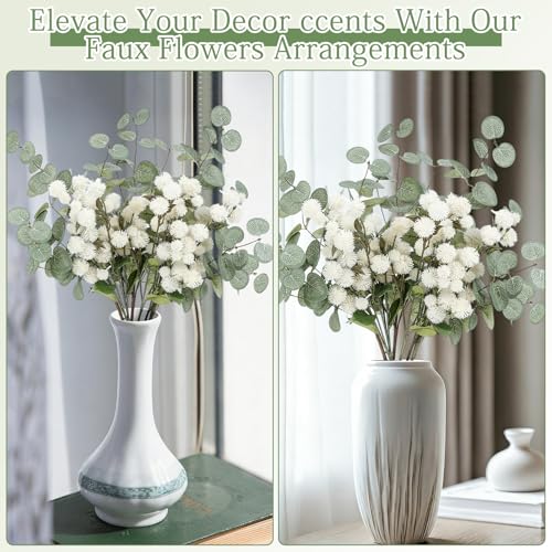 Artificial White Flower Chrysanthemum and Eucalyptus Stems Set,Faux Pom Pom Flowers with Realistic Silk Eucalyptus Leaves Bendable Long Stems for Vase Home Table Centerpiece Decor