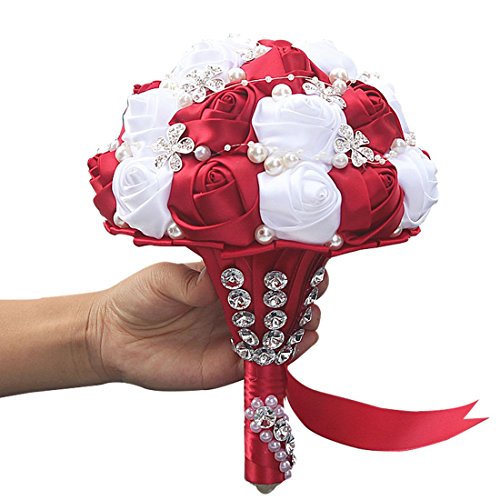 S_SSOY Customizable Romantic Wedding Bouquets Silk Flowers Bridal Holding Roses Bride Bridesmaid Brooch Bouquet with Pearl Diamond Crystal Ribbon Valentine's Day Free Corsage (Wine Red+White) - color: Red+white