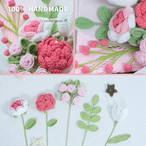 Crochet Flowers Bouquet,Handmade Knitted Rose,Artificial Flower Bouquet for Her, Wife,Lover ,Girlfriend ,Mother, Anniversary,Graduation,Friends,Birthday, Valentines Day Gifts,(with Gift Bag&Card) - color: Rose&pink, size: Large