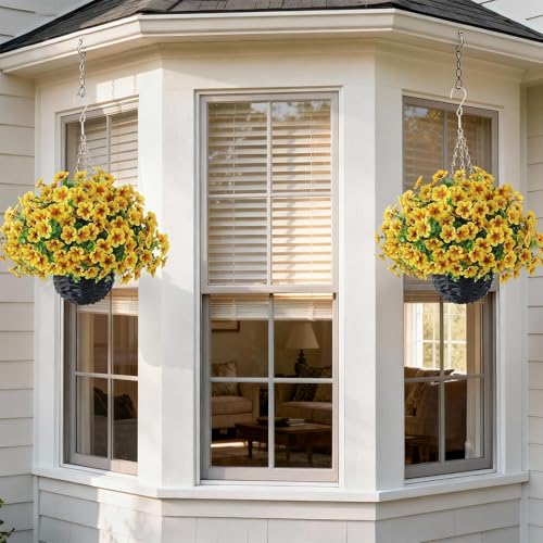 VIERENA 2 Sets Artificial Morning Glory and Eucalyptus Hanging Basket for Outdoor, UV-Resistant Fake Flower Hanging Basket, Suitable for Porch, Aisle, Garden, Patio, Eaves Decor (Yellow) - color: Yellow