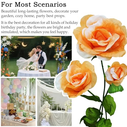 3PCS Large Fake Flowers Realistic Waterproof - Orange Giant 3D Artificial Flower Durable Easy Maintenance Perfect for Home Garden Weddings Events Christmas Graduation Party Decorations - color: 3pcs-roses-orange