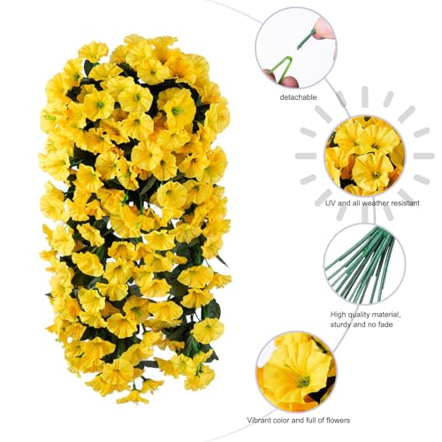 Artificial Fake Flowers for Outdoor Decoration, 2 Bundles Spring Silk Flower Easter Decor, Look Real UV Resistant Yellow Morning Glory Vines for Home Porch Patio Planter - color: Yellow