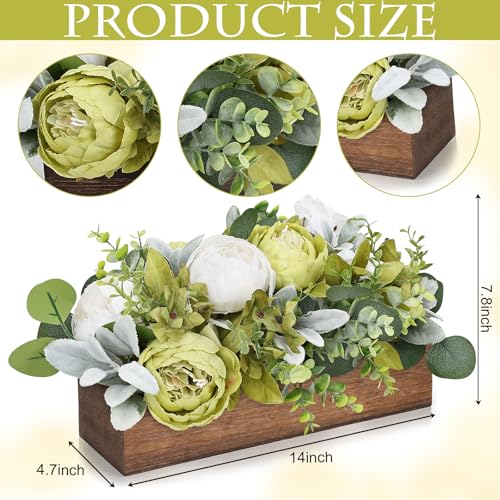 Summer Flower Centerpieces for Table Dining Room Pre-Made Artificial Peony Table Decorations Wood Tray with Fake Flowers for Wedding Living Room Party Bar Kitchen Table(Green White) - color: Green & White