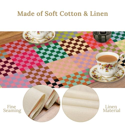 Retro Groovy Table Runner Vintage Hippie Plaid Funky Colorful Geometric Checkered Dinner Runner for Country Farmhouse Kitchen Birthday Party Holiday 36X13inch - color: Checkered-13, size: L36"x W13"
