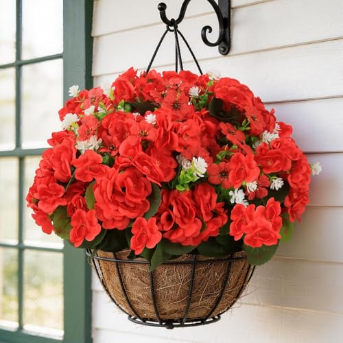 Olatay 12 Bundles Mixed Color Artificial Flowers for Outdoor, Artificial Geraniums Flowers for Outdoor, UV-Resistant Fake Geraniums for Porch, Balcony, Garden, Indoor Decoration (Red) - color: Red