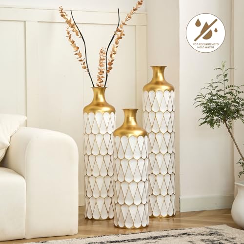 Tall Floor Vases Set of 3 for Decor Living Room Floor, White and Gold Vases Home Decor, Embossed Body Pattern, 31.5" H/27.17" H/22.83" H Geometric Cylinder (Gold 7) - color: Gold 7