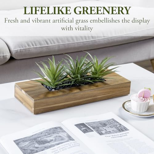 MyGift 15 Inch Large Artificial Green Grass Plants in Premium Acacia Solid Wood Decorative Planter, Tabletop Faux Greenery Decor with Wooden Rectangular Container - color: Brown, size: 15 Inch