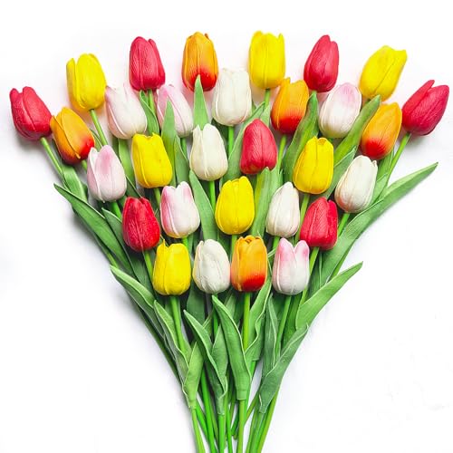 30 PCS Artificial Tulips Real Touch Tulips 13.5inch Long Stem Fake Flowers Silk Flowers for Spring Easter Mother's Day Decorations (MixedColor) - color: Multi Color